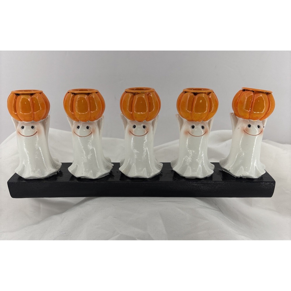 Hallow Home Tabletop 5 Ghosts & Pumpkins Halloween Taper Candlestick Holder